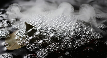 Extreme close-up on the surface of a bubbling, dry ice cauldron. The texture of the fog and water bubbles, with a hint of sinister ingredients like bay leaves and blackberries visible beneath the surf