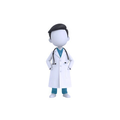 Fototapeta premium small simplified doctor avatar icon with white medical coat and blue pants in minimal design style