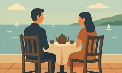 Seaside Tea Moment on a Peaceful Terrace, woman, vector, silhouette, illustration, couple, love, cartoon
