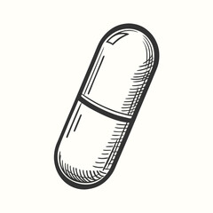 Monochrome Pill Capsule with Black Outline on White Background