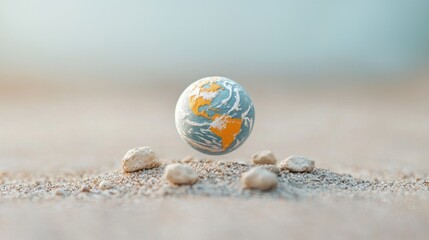 Dreamy Macro of a Miniature Planet Model on Sandy Surface