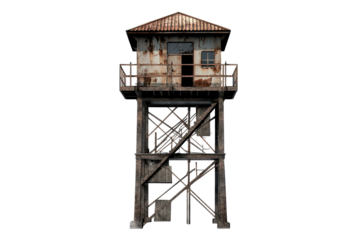 Guard tower stands isolated against a stark background with visible rust and weathering, exhibiting a sense of neglect and abandonment in a desolate environment