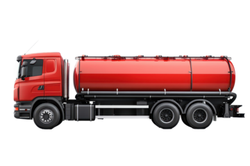 Fuel tanker truck isolated on white background showcasing modern design with a vibrant red color and efficient structure for transporting liquids