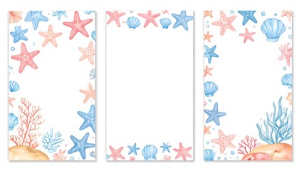 Three vertical frames with marine life patterns