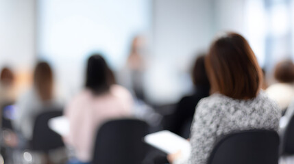 Conference audience listening attentively to speaker in bright modern room, showing engagement and focus during presentation