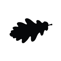 Simple black silhouette of a detailed oak leaf on a white background representing nature and autumn