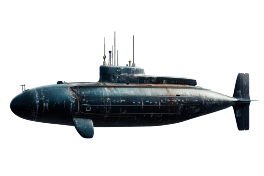 Submarine on transparent background showcasing sleek design and detailed features in a clear and unobstructed view of marine technology and engineering