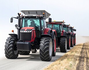 Fototapeta premium Fleet of New Red Tractors in a Row on white background 