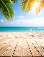 Fototapeta premium Tropical Beach Scene, Wooden Deck, Summer