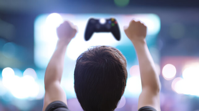 Esports supporter raising game controller in victory with blurred bright lights background showing excitement and celebration