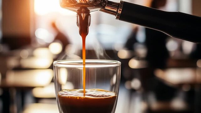 Rich, aromatic espresso streams into a clear glass, capturing the perfect morning coffee ritual with warm sunlight.