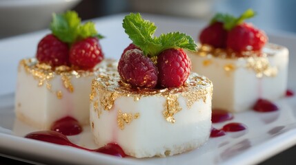 Elegant dessert topped with edible gold leaf and fresh raspberries