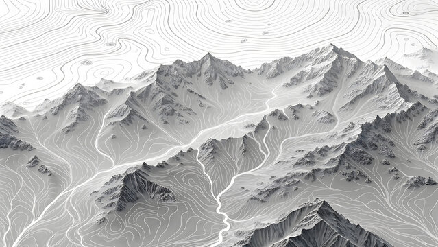 A stylized monochromatic digital rendering of a mountain range with topographic contour lines and rivers. - Powered by Adobe