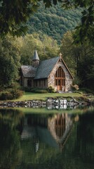 Obraz premium Charming stone chapel by serene lake in forest