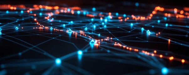 Connected Blue and Orange Nodes, Digital Network ,Technology, Data