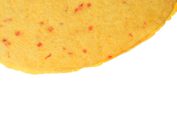 Round dry flatbread with red spots on white background, top view.