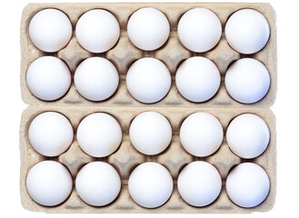 Top view of white eggs neatly arranged in open cardboard tray on white background.