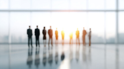 Silhouettes of diverse business team standing in bright modern office with sunlight shining through large windows creating hopeful mood