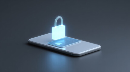 Secure transaction visualization holographic padlock above credit card on smartphone, digital security concept with glowing blue light effect