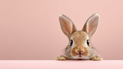 Obraz premium Cute rabbit peeking over a pink surface with a light pink background, showcasing its expressive eyes and fluffy ears