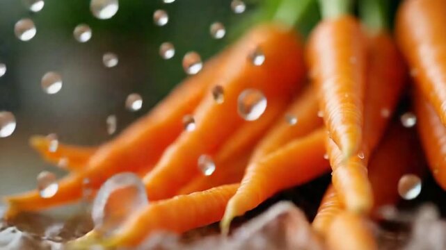 Drops of water fall on carrots. Filmed on a highspeed camera at 1000 fps. High quality FullHD footage