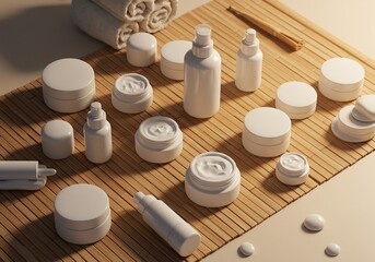 上質な白の容器、美しく整列した化粧品パッケージ