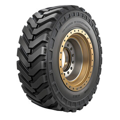 Heavy-Duty Construction Tire: Robust Radial Design, Durable Tread Pattern, Gold Wheel Rim, Off-Road Vehicle Tire, Industrial Tire, Agricultural Tire, Excavator Tire, Loader Tire