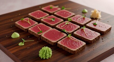 美しいマグロの刺し身、絶妙な盛り付け