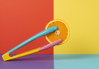 カラフルなピンセットで摘まむ、みずみずしいオレンジ輪切り