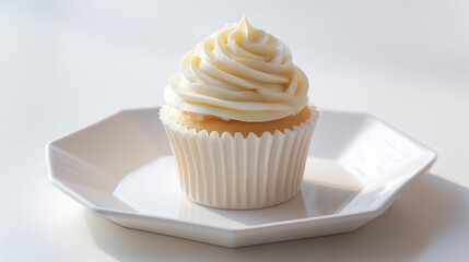 白い皿に盛られたクリームたっぷりのエレガントなカップケーキ