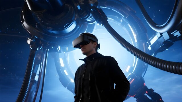 Person wearing a virtual reality headset in a futuristic, high-tech environment - Powered by Adobe