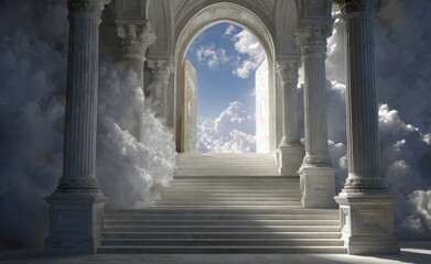 Obraz premium Grand Classical Staircase with Ornate Columns Leading to Open Sky in Cloudy Atmosphere