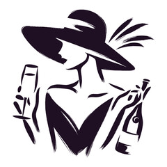 Woman in hat with champagne minimalist brush sketch vector illustration © Victoria