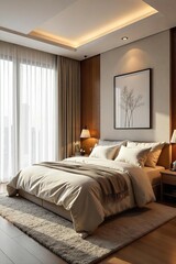 Serene bedroom interior designed for relaxation and sleep Soft lighting, calming colors, and natural textures create a peaceful atmosphere conducive to wellness , sanctuary, peaceful, bedroom decor