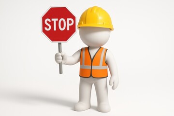 3D Rendered Figure in Yellow Hard Hat and Orange Vest Holding Stop Sign