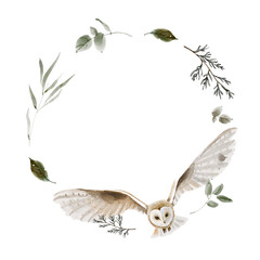 Elegant Woodland Wreath with Flying Owl