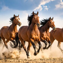 Fototapeta premium Three brown horses galloping in a field