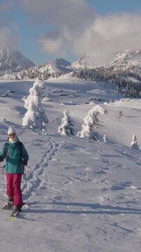 AERIAL: Splitboarder explores the picturesque Slovenian mountains on a sunny winter day. Young female tourist hikes down a snowy hill during a ski touring trip to scenic Velika Planina, Slovenia.