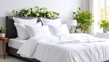 White bedroom with plants and flowers
