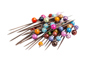 Collection of colorful round-headed sewing pins arranged in a disordered stack on a white background showcasing various vibrant bead designs