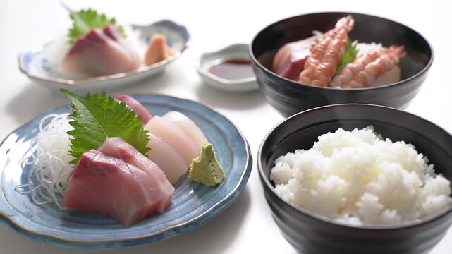 Japanese food: Mix sashimi and ebi served with Japanese cooked rice on table. Clean food concept. Focus shift and movement camera. Selective focus and free space for text