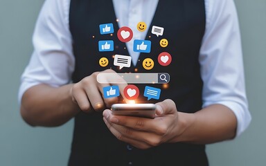 Person Using Smartphone with Social Media Icons and Search Bar Overlay