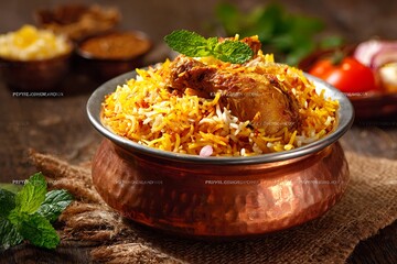 Delicious Chicken Biryani in a Copper Pot Garnished with Mint Leaves Presentation