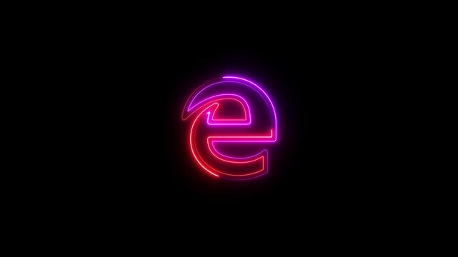 Dual-color neon letter e symbol with red and purple glow on black alphabet