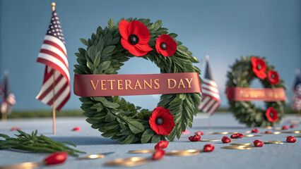 A detailed image of a Veterans Day wreath with poppies, ribbon, and American flags.