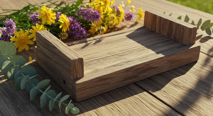 美しい木製のトレイ、花々と共に輝く