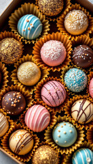 Obraz premium High-angle close-up of assorted chocolate truffles in a box. 