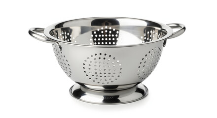 Metal Colander with Holes Isolated on White Background, Kitchen Utensil