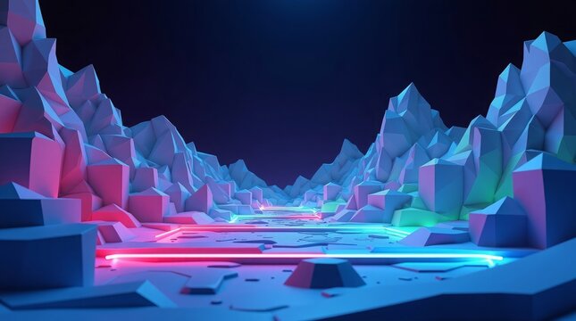 Neon Pink Blue Glow Path Low Poly Crystal Mountainscape