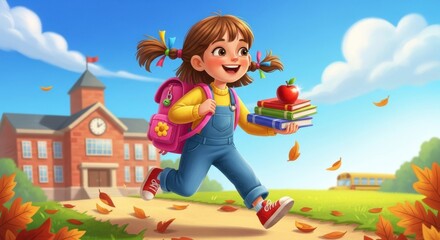 Cheerful Girl's Enthusiastic Dash to School on a Sunny Autumn Day Illustration